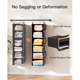 Pipishell Hanging Closet Organizer 6-Shelf, Hanging Shelves for Closet with 3 Removable Drawers & Side Pockets, Hanging Shelf Organizer for Bedroom or Garment Rack, 12'' x 12'' x 43.3'', Black