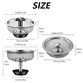 2 Kitchen Sink Basket Strainer Replacement for Standard Drains (3.2 Inch) with Rubber Stopper, Pack of 2, Plated 304 Stainless Steel