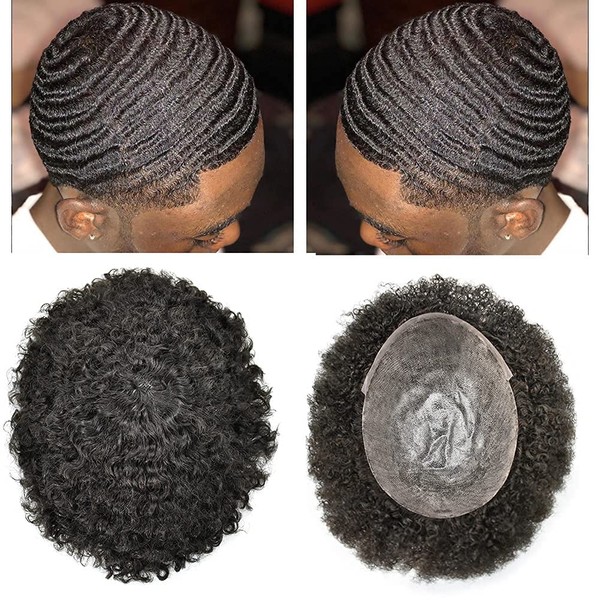 African American Afro Human Hair System Toupee For Black Men Full Poly THIN SKIN Man Weave Balding Mens Custom Hair Unit Male ALL PU Hair Replacement with weaves(8"X10",#1B Off Black-10mm Wave Curl)