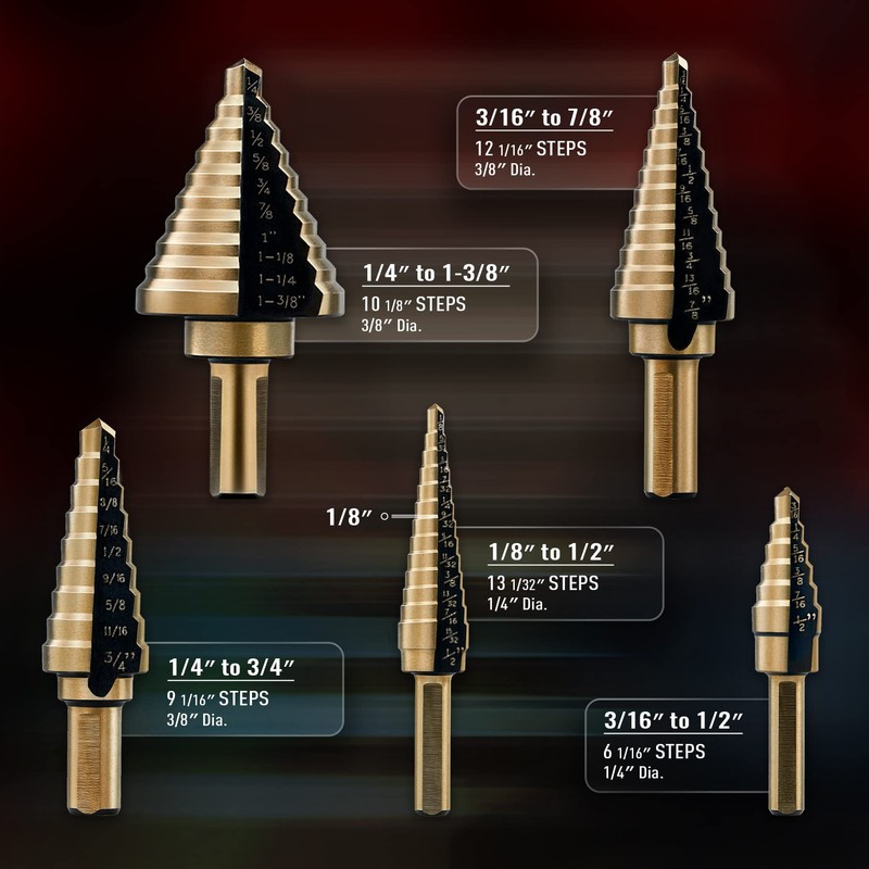 ZELCAN Step Drill Bits, HSS 5PCS Titanium Step Drill Bit