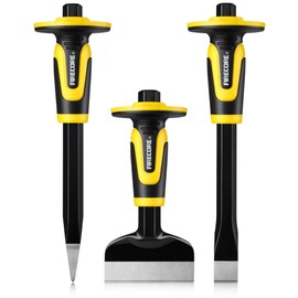 Rock Chisel Set, Firecore 3PCS Masonry Chisel with Hand Guard, Heavy Duty Point Flat Cold Chisel for Concrete Stone Brick Rock Tile Mortar Breaking Demolishing Carving Splitting Cutting Mason Tools