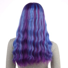 Onedor Long Curly Multi-Color Colorful Hair Full Wigs - Charming Party Wig (Blue and Purple Highlights)