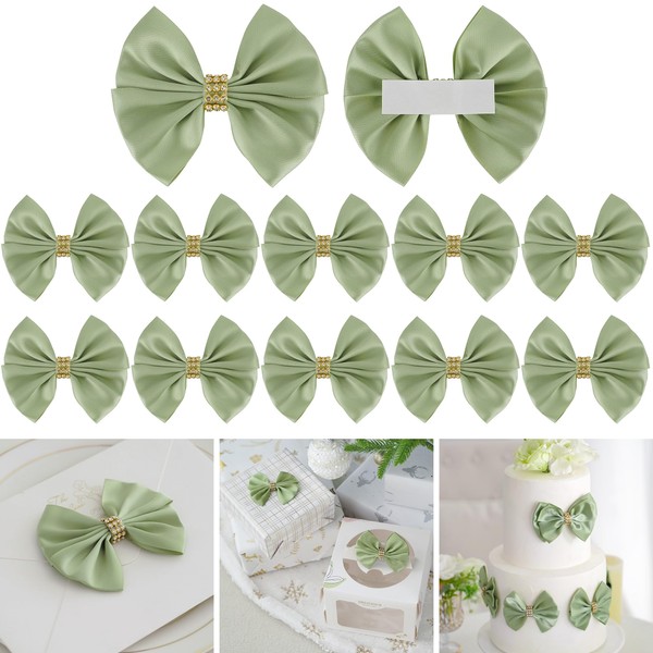 LiBongTa 3.5" Sage Green Satin Polyester Ribbon Bows with Rhinestone,