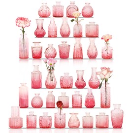 36Pcs Bud Vases Set Small Vintage Glass Bottles Pink Bud Vases in Bulk Multiple Shape Cute Glass Vases for Rustic Wedding Centerpieces Table Decorations and Home Decor(Pink)