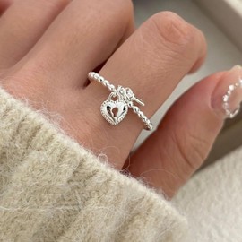 Dtja Heart Key Love Charms Promise Adjustable Stackable Ring for Women Silver Plated Expandable Wedding Open Beaded Wrap Finger Rings Comfort Fit Fashion Engagement Anniversary Jewelry Gift