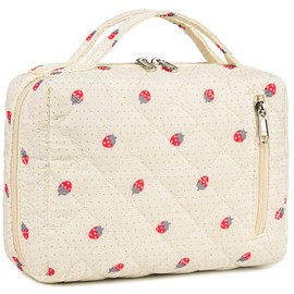 Bluboon Makeup Bag Zipper Pouch Travel Portable Cosmetic Bag Organizer for Women and Girls, Strawberry Beige 12