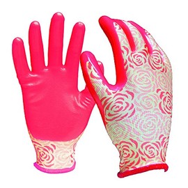 Digz Stretch Knit Garden Gloves with Nitrile Coating | Latex-Free Rubber Gardening Gloves | Color: Rose Pattern | Size: Medium