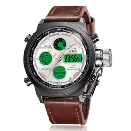Mens Military Watch Watch : Double Display Digital Outdoor Tactical Watch LED Luminous Quartz Watch Waterproof Large Leather Band Steam Punk Cool Gift Box Included for Boyfriend, Braun, punk