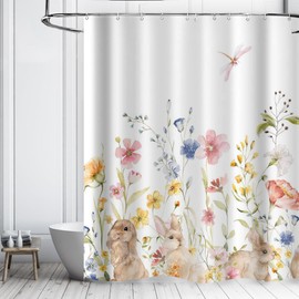 Ticuenicoa Easter Bunny Floral Shower Curtain Set with 12 Hooks, Spring Watercolor Flowers Cute Rabbits Holiday Bath Curtains Pink Flowers Bathroom Bathtubs Decors Sets(72''Wx72''H)