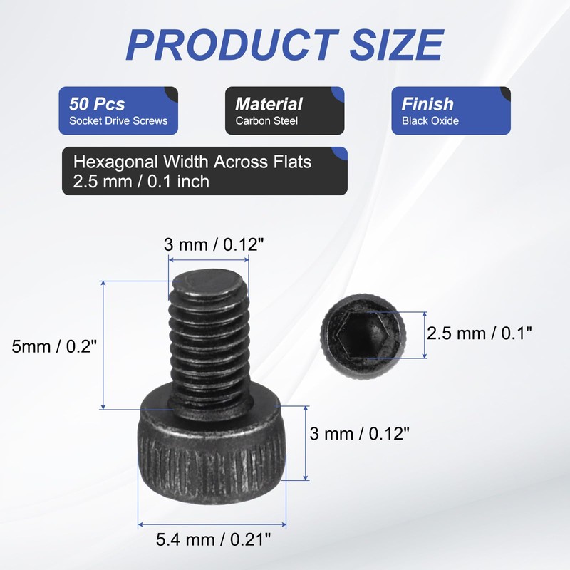 PATIKIL 50 Pcs M3 x 5 mm Hex Socket Head