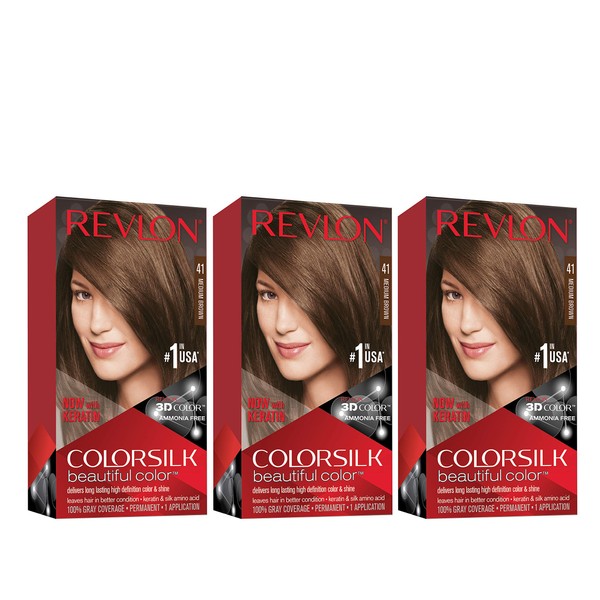 REVLON Colorsilk Beautiful Color Permanent Hair Color with 3D Gel Technology & Keratin, 100% Gray Coverage Hair Dye, 41 Medium Brown, 4.4 Ounce (Pack of 3)