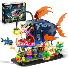 INSOON Mechanical Angler Fish Building Set with Lights, Movable Lantern Fish Building Blocks Toy with Shark Jellyfish, 1139 PCS Ocean Animal Building Kit, Home Decor Gift for Adults Teens Boys 12+