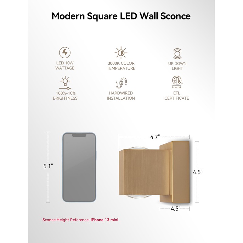 Tubicen Gold Wall Sconces Square Indoor Hardwired Dimmable Movie Theater