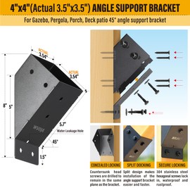 Brukid 8pc 45°-Degree Angle Support Bracket, 4x4 (Actual 3.5''x3.5'') Angle Bracket, Suitable for Pergolas, Gazebo, Deck Porch, Cabin Elevated Wood Support Bracket kit (Frosted-Black)