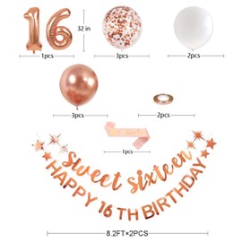 16th Birthday Decorations Set for Girls Sweet 16 Satin Sash, Rose Gold Number 16 Balloons, Confetti Balloons Happy Birthday Banner for Girls Sweet Sixteen Birthday Party Backdrop Decorations Supplies