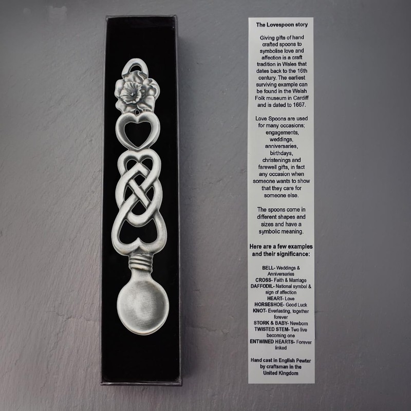 English Made Pewter Daffodil and Hearts Lovespoon, Welsh Design, 150