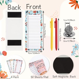 Magnetic Shopping List Pad, 4 Pack Magnetic Grocery List for Fridge with 1 Elastic Pen Clip, 200 Sheets Tearable Magnetic Notepad for Fridge with 2 Pen, Floral Theme Fridge Shopping List Magnet