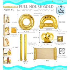 POZA Inflatable Gold Full House Bundle - Premium Luxurious Sparkle Confetti 36" Pool Float Tube, 16" Beach Balls, 74" Pool Noodles, 48" Pool Chair, and 56" Water Hammock - 7 Pieces Pack