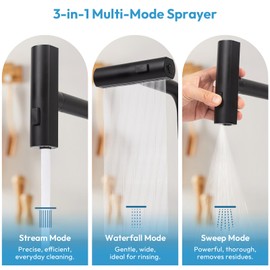 Besdor Waterfall Kitchen Faucet with Pull Down Sprayer, Stainless Steel Black Kitchen Sink Faucet, Single Handle Commercial Faucet with Sprayer, 360° Rotatable, 3 Function Sprayer, Matte Black