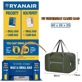 for Ryanair Airlines Underseat Cabin Bag 40X20X25 Foldable Travel Duffel Bag Holdall Tote Carry on Luggage Overnight for Women and Men 20L (Army Green)