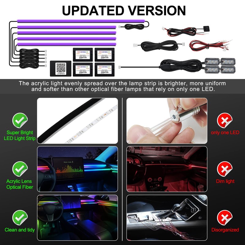 Acrylic Interior Car LED Strip Light with Wireless APP, RGB