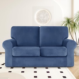 vctops 5 Pieces Velvet Stretch Sofa Cover for 2 Seater Couch Soft Washable Sofa Slipcover with Individual Backrest and Cushion Covers for Kids Cats Dogs (ST Blue,2 Seat)