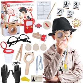 Spy Kit for Kids Detective Outfit Fingerprint Toys with Hat, Wooden Magnifying Glass and Detective Tools, Investigations Science Role Play Toy Gifts for Toddlers Boys Girls Kids Aged 3+