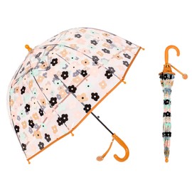 ThreeH Children's Flower Umbrella Shatterproof 8 Fiber Ribs Curved Handle Transparent Dome Bubble Umbrella for Boys Girls,Brown