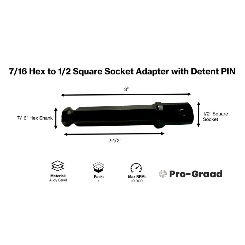 Pro-Graad 7/16 Hex to 1/2 Square Socket Adapter Drive Converter,