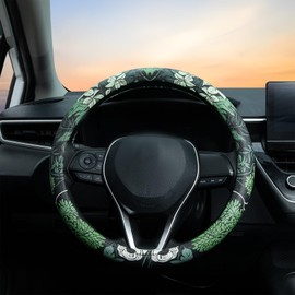 Sage Green Floral Leather Steering Wheel Cover Auto Steering Wheel Protector, Anti-Slip, Breathable, Absorbing Sweat, Universal Car Accessories 14.5–15 inch,Fit for Most Car, Trucks, SUV