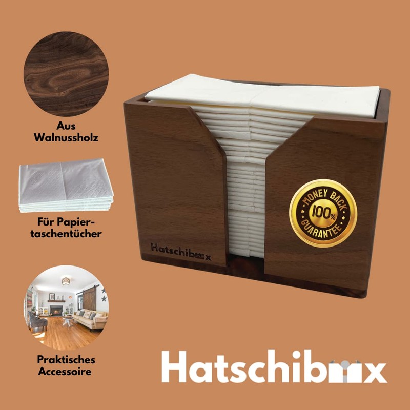 Hatschibox Walnut Wood, Handkerchief Box - Stylish Tissue Box, Refillable