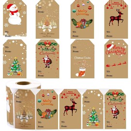 Wentsent 300PCS Christmas Tag Stickers, 2x3inch Christmas Labels, Kraft Paper Christmas Stickers, Christmas Tags in 6 Designs, Christmas Decorative Roll Stickers, Holiday Decorative Gifts