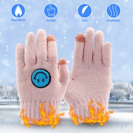 CHEERYMAGIC Kids Gloves Winter Knitted Colorful Smile Gloves Magic Full Finger Gloves Stretchy Warm Gloves for Boys and Girls, Unisex, 7-12 Years Old (Pink)