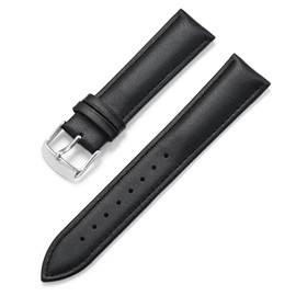 RYO101 Leather Watch Band Strap, Silver Buckle with quick release system (Black, 18mm)