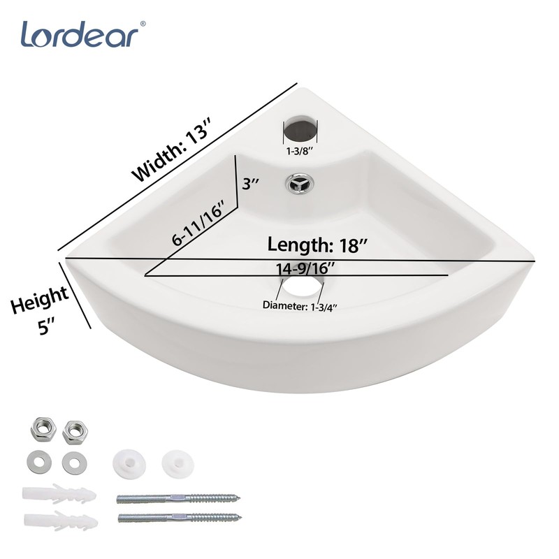 Lordear Wall Mount Corner Bathroom Sink 18 Inch White Ceramic