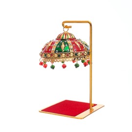 Tej Gifts Metal Umbrella Chhatra with Hanging Crystals for God Idol, Car Dashboard/Office Desk/Table/Home Decor Showpiece, Chatri Aasan for God Murti U-111