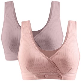 Dress Cici Purple+Cameo Brown Front Snap Maternity Bra for Growing Breasts, Stretchy Cotton & 3-Row Snaps Pregnancy for Large Breast Asia Size L, 2 Pack