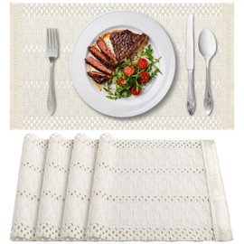 BIPASION Placemats Set of 4 - Natural Cotton Burlap Table Mats, Macrame Décor and Farmhouse Style Placemats for Dining Table Kitchen（Cream