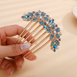 Jumwrit Crystal Bride Wedding Hair Comb Leaf Colorful Rhinestone Flower Hair Side Comb Gold Hair Clip Comb Big Floral Vintage Bridesmaid Headpiece Bridal Hair Jewelry for Women Girls(Blue)