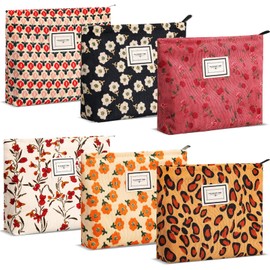 Sanwuta 6 Pcs Velvet Makeup Bag Large Capacity Corduroy Cosmetic Bag pattern Canvas Makeup Pouch with Zipper Travel Toiletry Accessories Organizer for Women Girls Gifts, 10 x 7 Inch(Flower)