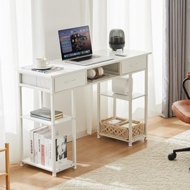 SweetDreamy House Computer Desk with Drawers Study Writing Table with Storage Bag Headphone Hook Adjustable Feet for Home Office Small Spaces - Color: BROWN-3 Drawser