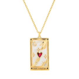 Rocksbox The Lovers Tarot Card Pendant Necklace - Gold Statement Necklace for Women - 14k Gold Plating with Mother of Pearl - Premium Quality Jewelry - 16" with Extender