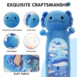 HAIJUNYA 36” Long Axolotl Plush Body Pillow, Cute Blue Ocean Axolotl Stuffed Animals, Salamander Squishy Soft Plushies Toy, Gifts for Kids Girls and Boys, Christmas, Thanksgiving, Birthdays ﻿