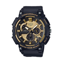 Casio MCW200H Series | Men’s Analog Watch | Black/Gold | 100M WR | Retrograde Chronograph | 1 Second Stopwatch | Date Display | Multi Dial | Resin Glass | Resin Case | Resin Band | 3 Year Battery