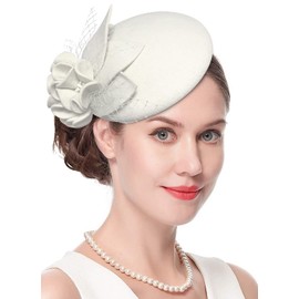 ELLYDOOR Wool Fascinator Pillbox Hat Winter British Wool Felt Hat for Women Wedding Church Hat Flower Fedoras Ivory,Ivory White,One Size