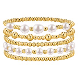 JewelryWe Women's Gold Stretch Bracelet: Exquisite 14K Gold Plated Stackable Beaded Bracelets Baroque Pearl Beads Elastic Chain Bracelet for Women Girls