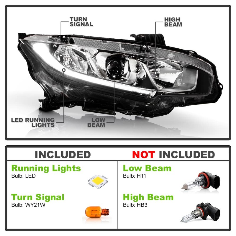 ACANII - For [Halogen Type w/Chrome Bezel] 2016-2021 Honda Civic