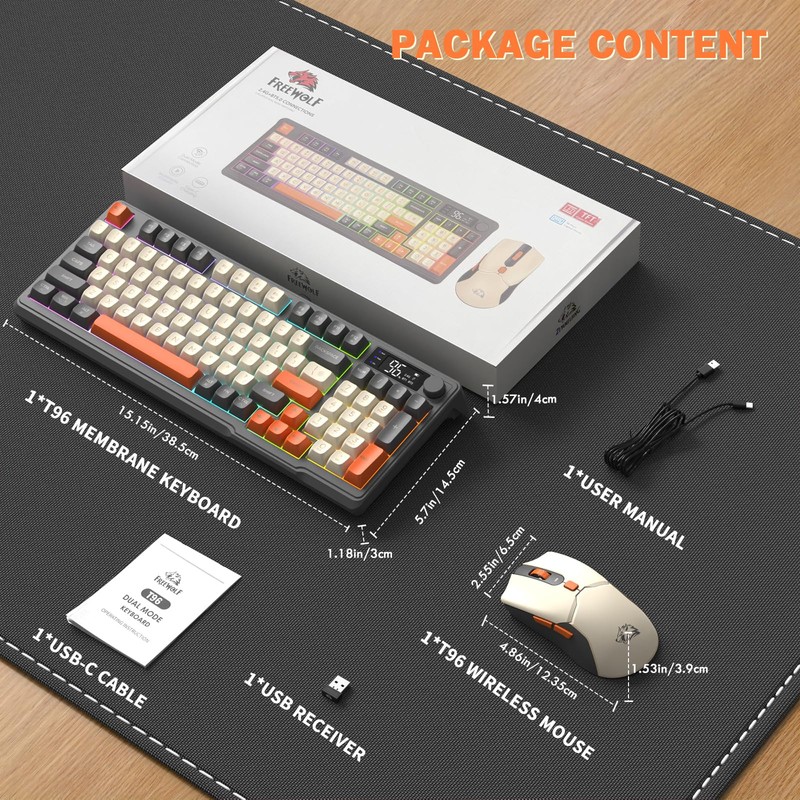 FREEWOLF T96 Smart Display Wireless Gaming Keyboard and Mouse Comb,