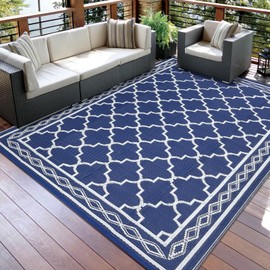 GarveeHome Outdoor Rug 9x12 Waterproof for Patio Clearance Large Plastic Straw Mat for Camping Reversible Plastic Outdoor Rug for RV, Patio, Backyard, Deck, Picnic, Beach, Navy/White(Geometric)
