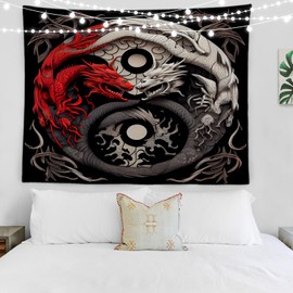 BaoNews Yin Yang Tapestry,Black White Dragons Red Chinese Map Large Wall Hanging Polyester Tablecloths Tapestry Bedroom Room Living Room Dorm 51.2 x 59.1 inches
